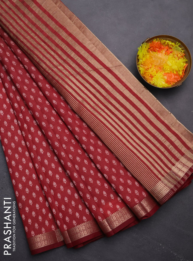 Semi raw silk saree maroon with allover butta prints and zari woven border