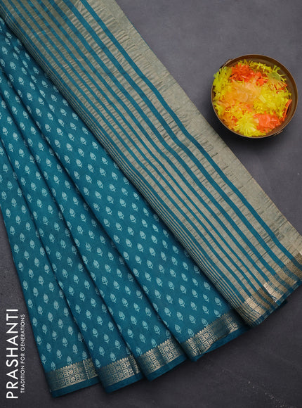 Semi raw silk saree teal blue with allover butta prints and zari woven border