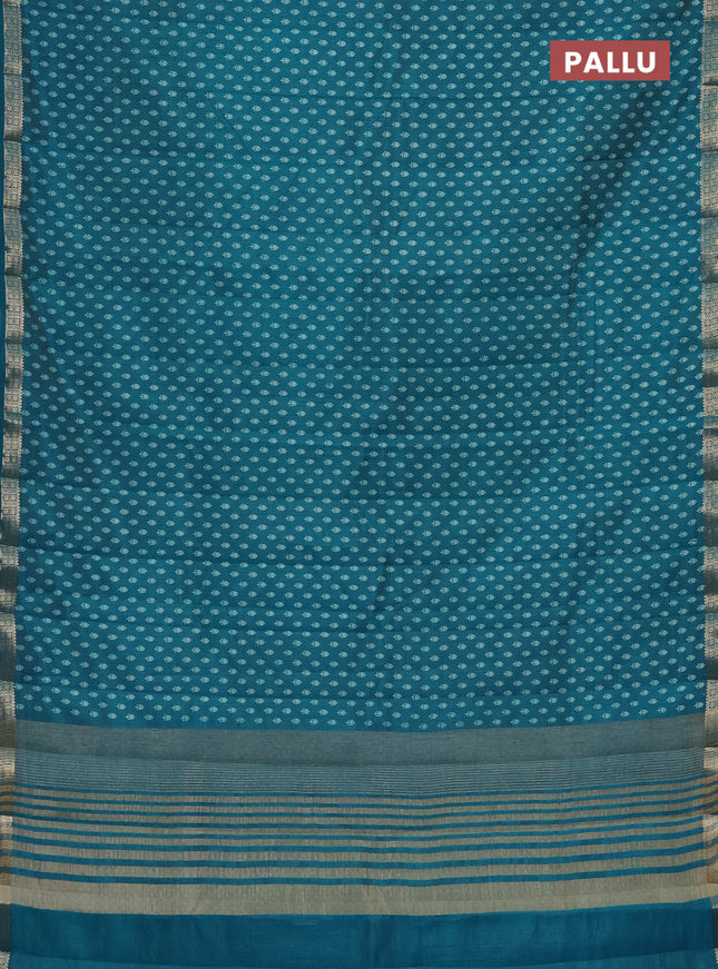 Semi raw silk saree teal blue with allover butta prints and zari woven border