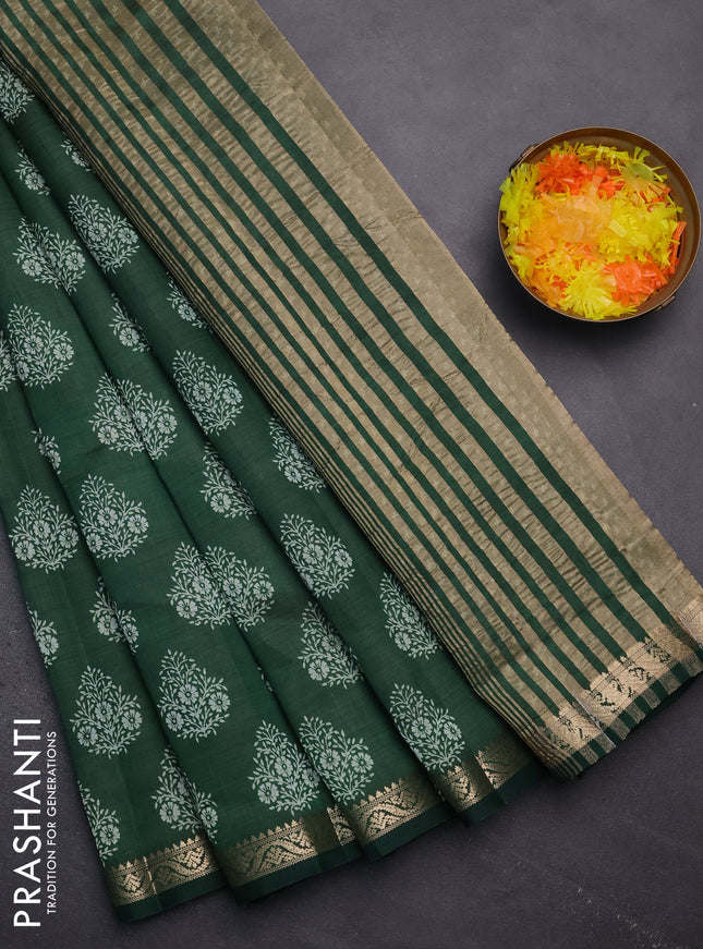 Semi raw silk saree green with butta prints and zari woven border