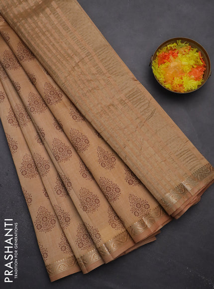 Semi raw silk saree sandal with butta prints and zari woven border