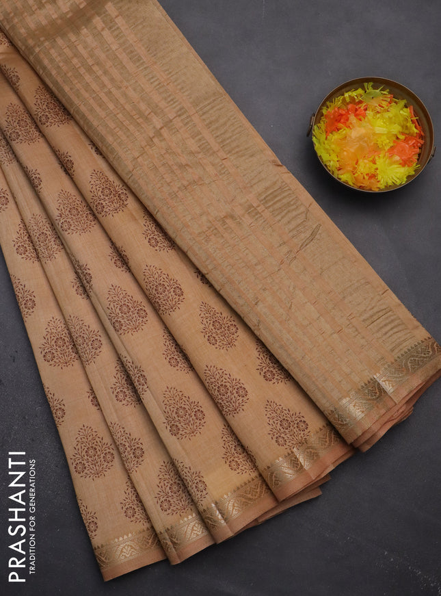 Semi raw silk saree sandal with butta prints and zari woven border