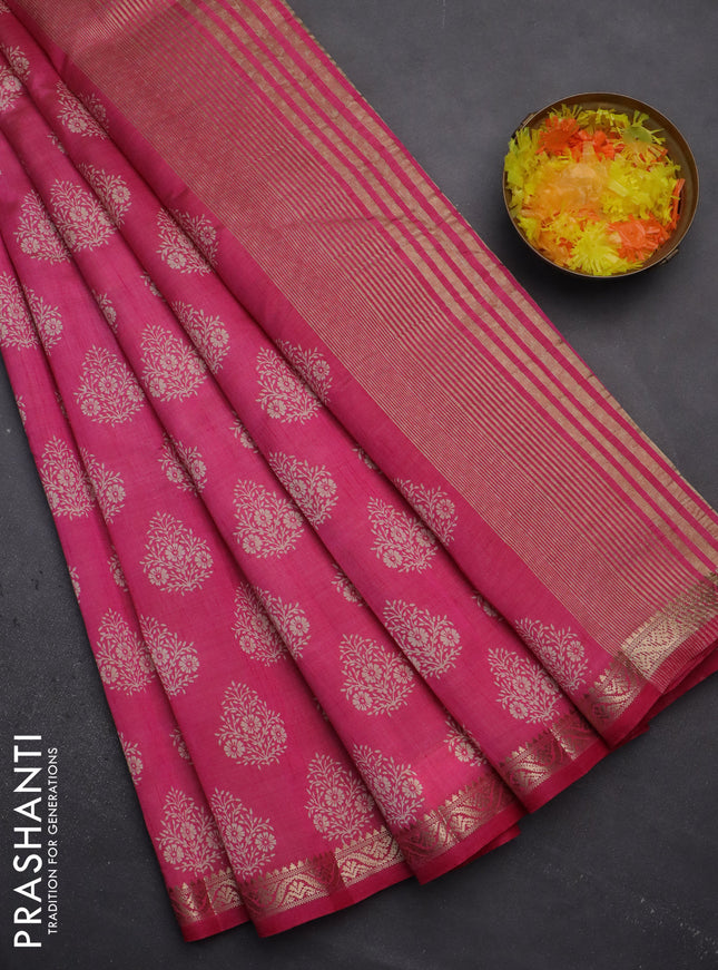 Semi raw silk saree pink with butta prints and zari woven border