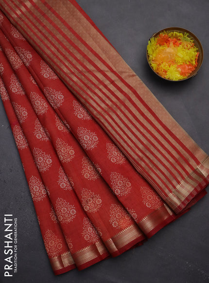 Semi raw silk saree maroon with butta prints and zari woven border