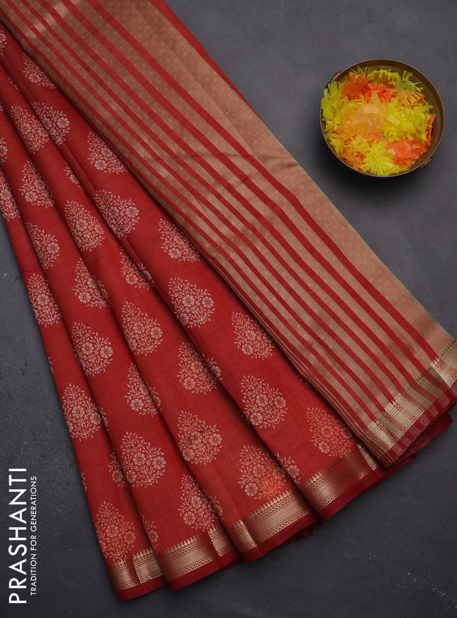 Semi raw silk saree maroon with butta prints and zari woven border