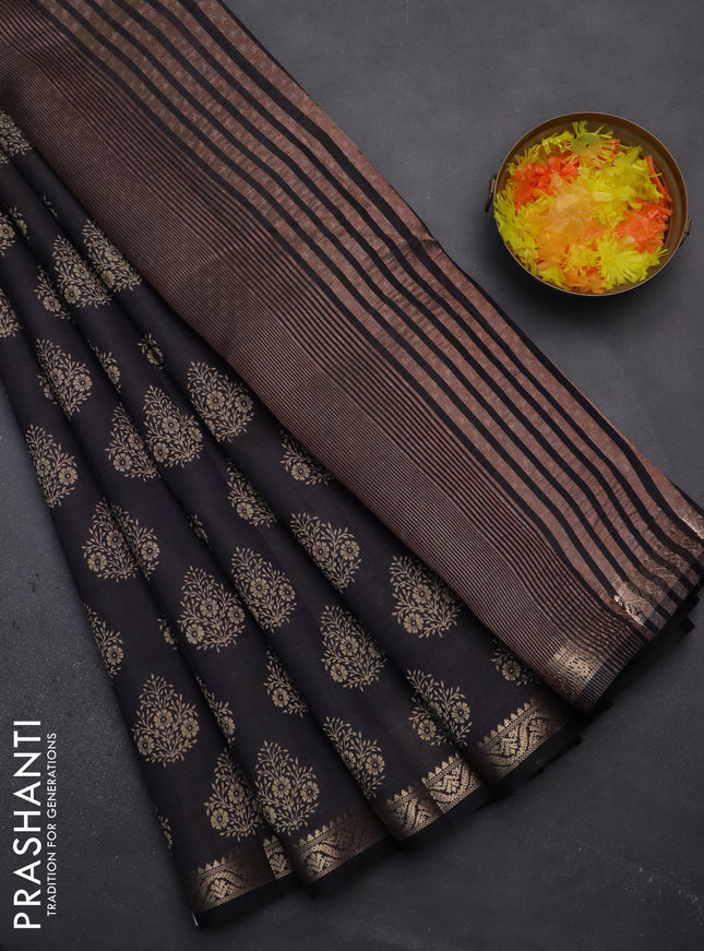 Semi raw silk saree navy blue with butta prints and zari woven border