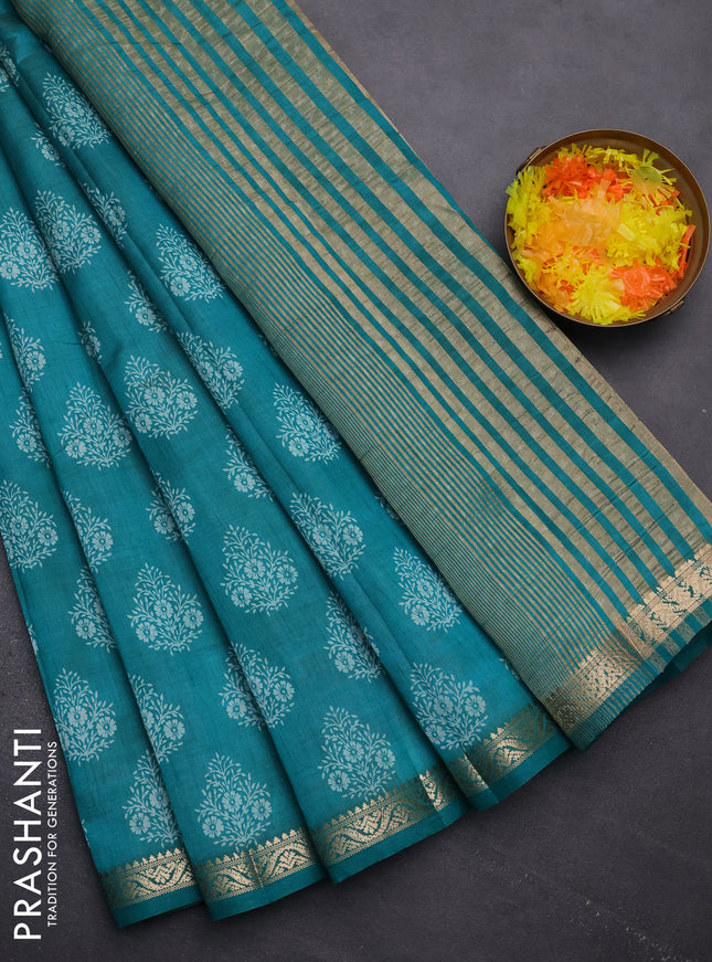 Semi raw silk saree teal green with butta prints and zari woven border