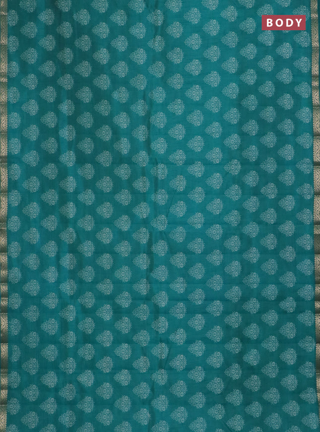 Semi raw silk saree teal green with butta prints and zari woven border