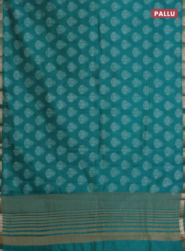 Semi raw silk saree teal green with butta prints and zari woven border