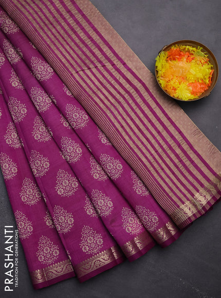 Semi raw silk saree purple with butta prints and zari woven border