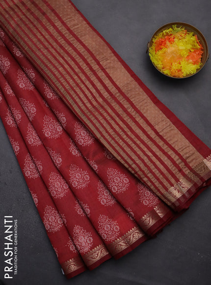 Semi raw silk saree maroon with butta prints and zari woven border