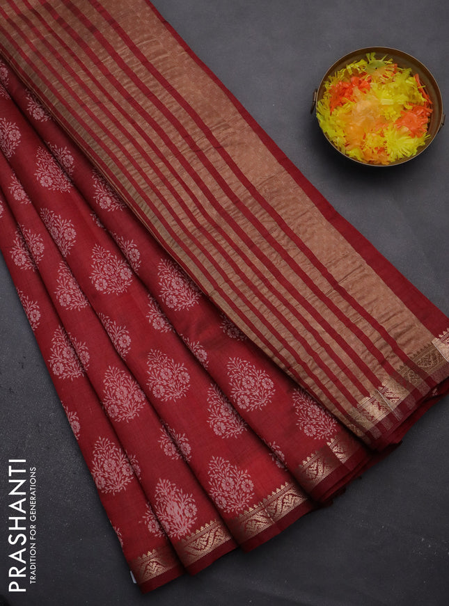 Semi raw silk saree maroon with butta prints and zari woven border
