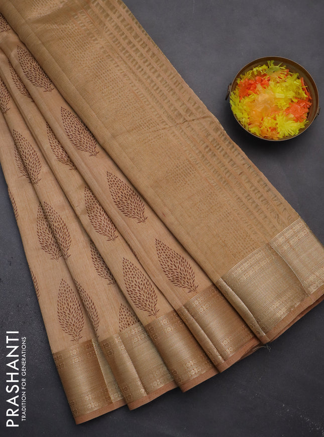 Semi raw silk saree sandal with butta prints and zari woven border