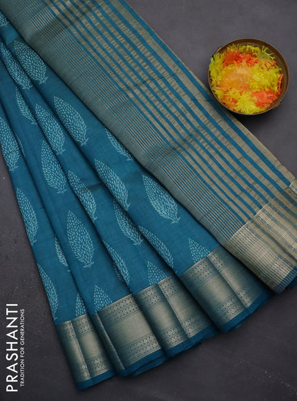 Semi raw silk saree cs blue with butta prints and zari woven border