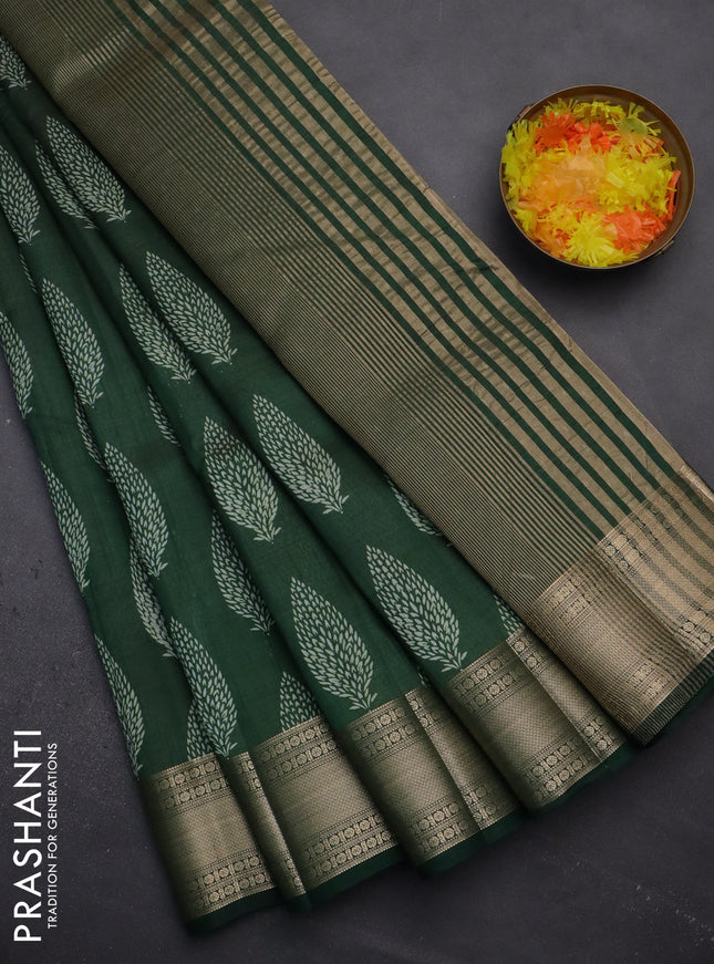 Semi raw silk saree green with butta prints and zari woven border