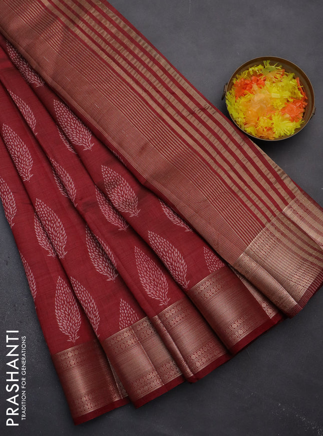 Semi raw silk saree maroon with butta prints and zari woven border