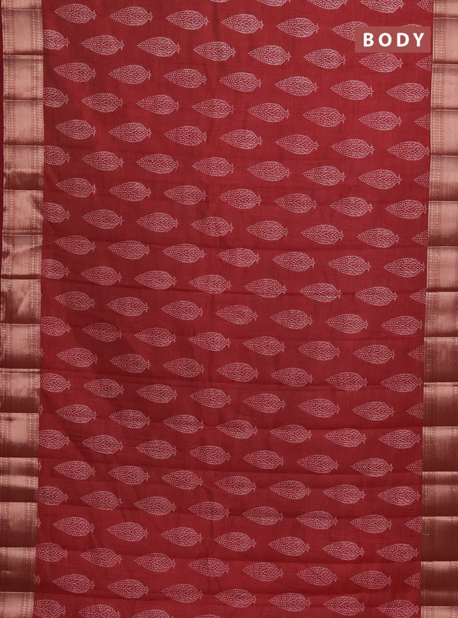 Semi raw silk saree maroon with butta prints and zari woven border