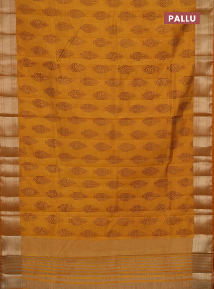 Semi raw silk saree mustard yellow with butta prints and zari woven border