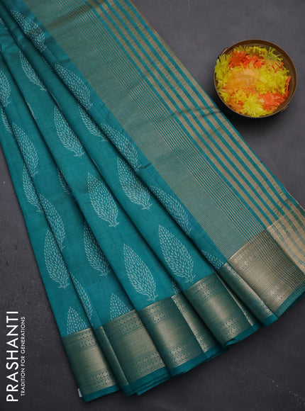 Semi raw silk saree teal blue with butta prints and zari woven border
