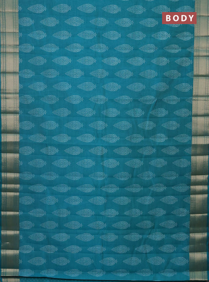 Semi raw silk saree teal blue with butta prints and zari woven border