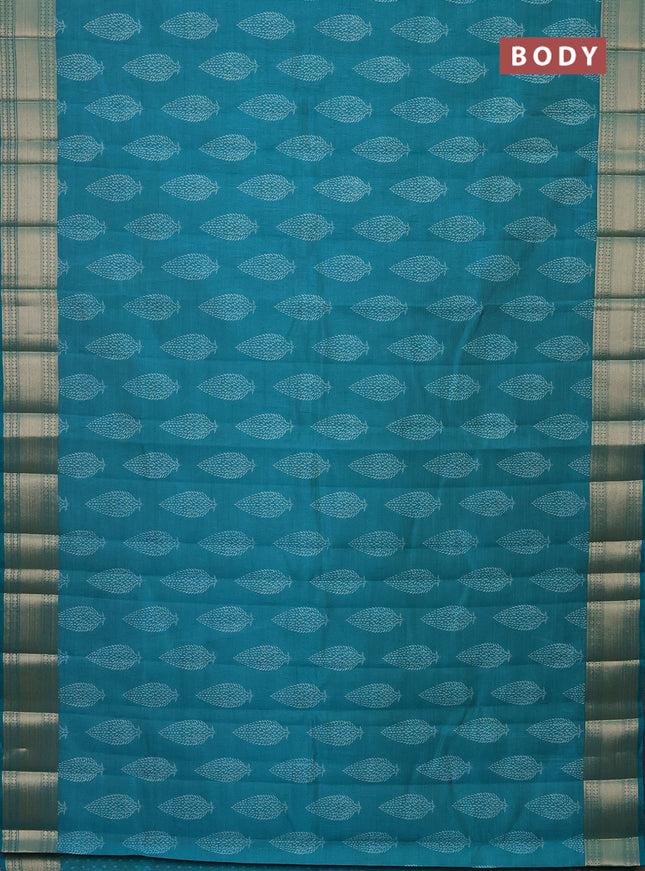Semi raw silk saree teal blue with butta prints and zari woven border