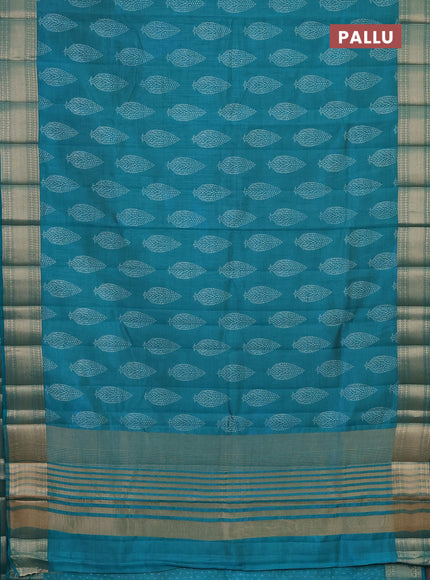 Semi raw silk saree teal blue with butta prints and zari woven border