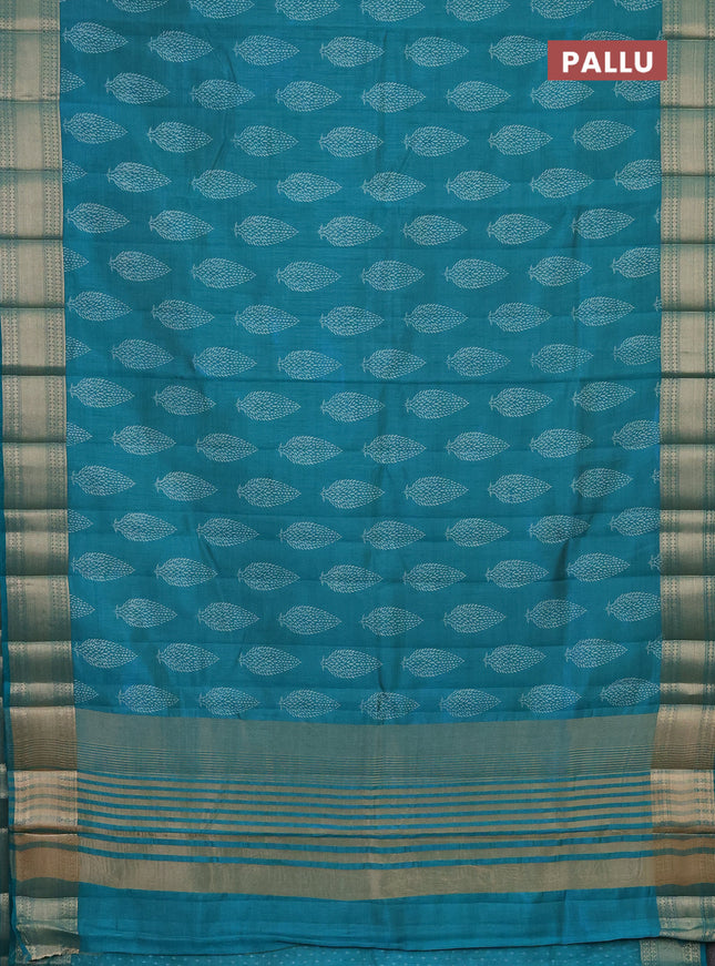 Semi raw silk saree teal blue with butta prints and zari woven border