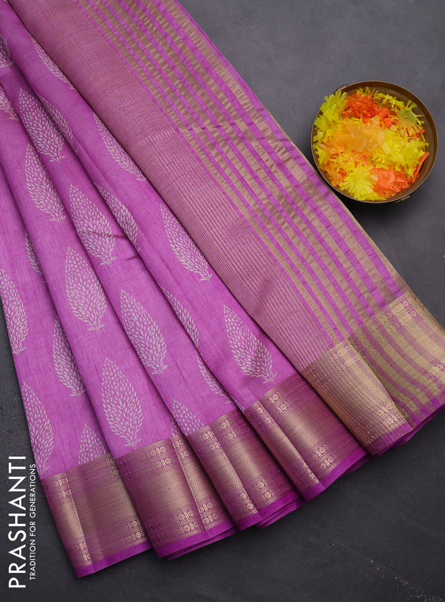 Semi raw silk saree lavender with butta prints and zari woven border