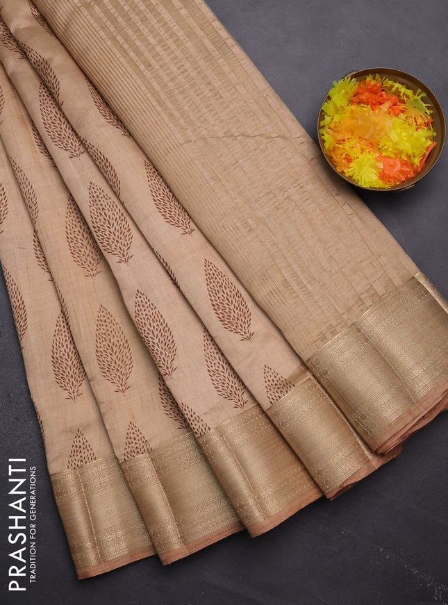Semi raw silk saree sandal with butta prints and zari woven border