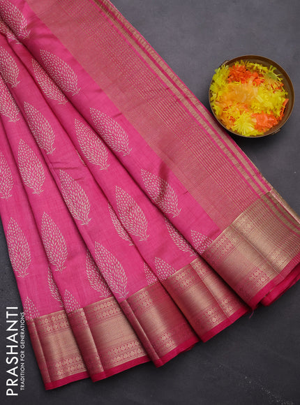 Semi raw silk saree pink with butta prints and zari woven border