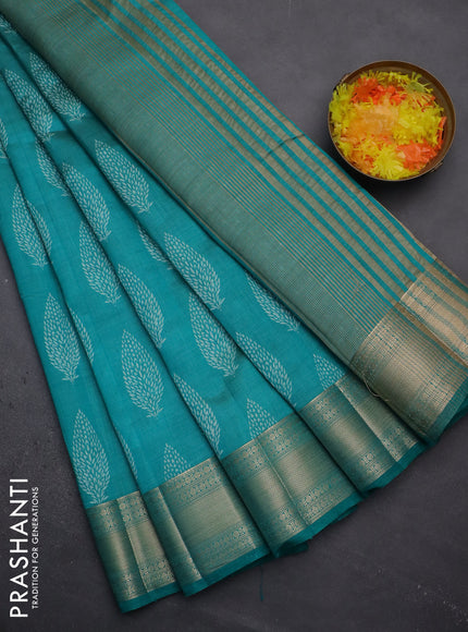 Semi raw silk saree teal blue with butta prints and zari woven border