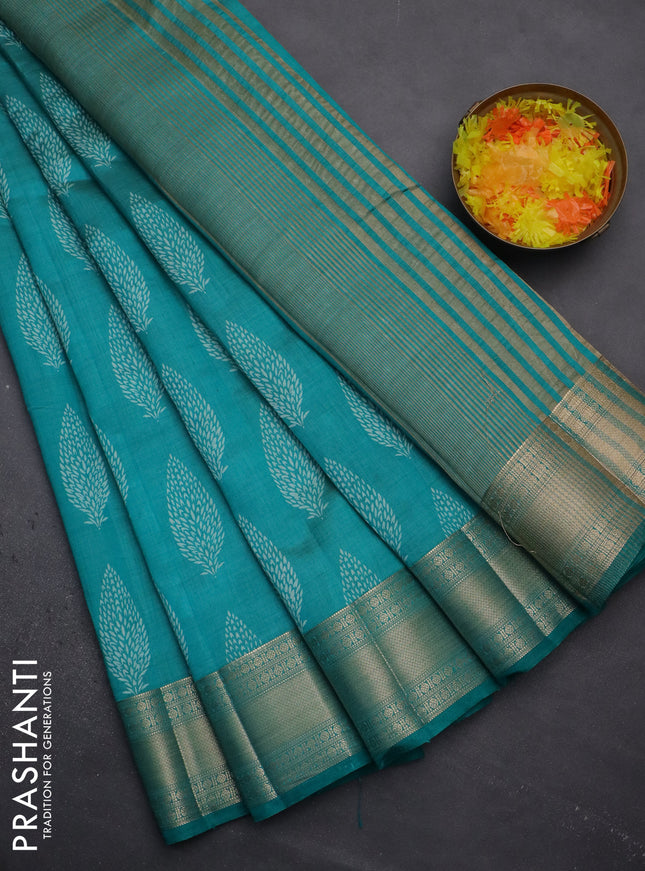 Semi raw silk saree teal blue with butta prints and zari woven border