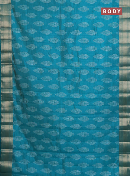 Semi raw silk saree teal blue with butta prints and zari woven border