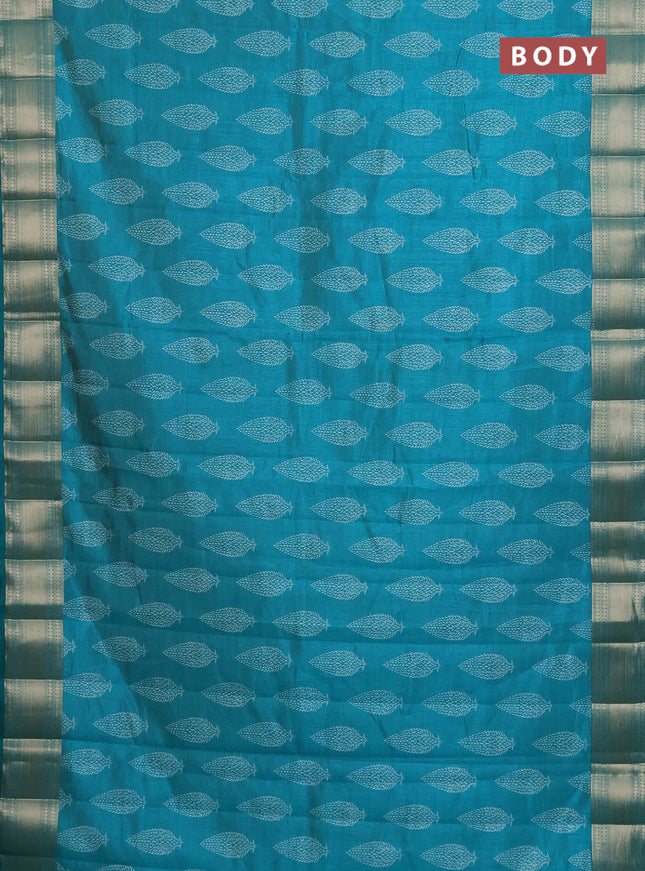 Semi raw silk saree teal blue with butta prints and zari woven border