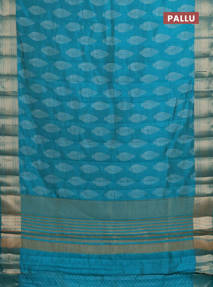Semi raw silk saree teal blue with butta prints and zari woven border
