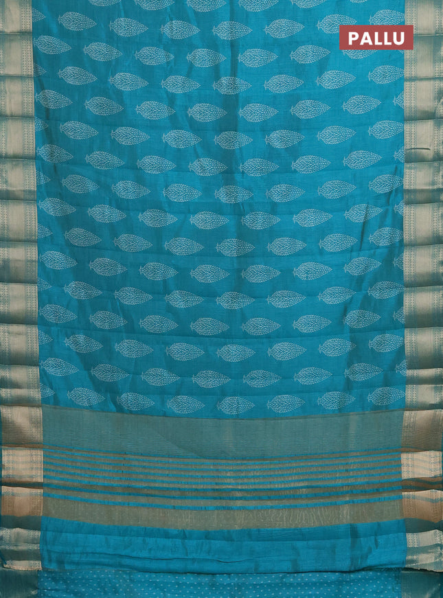 Semi raw silk saree teal blue with butta prints and zari woven border