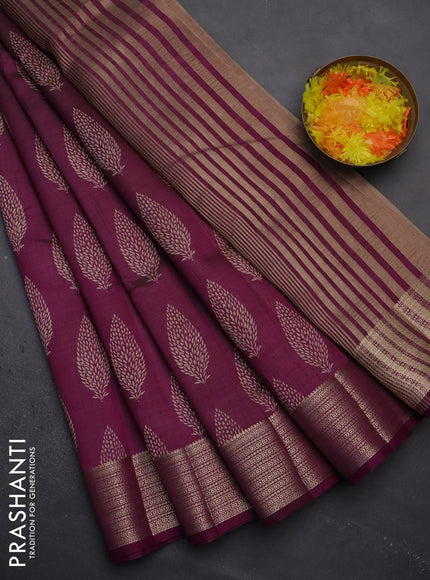 Semi raw silk saree deep purple with butta prints and zari woven border