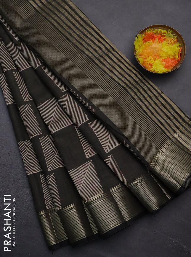 Semi raw silk saree black with geometric butta prints and zari woven border