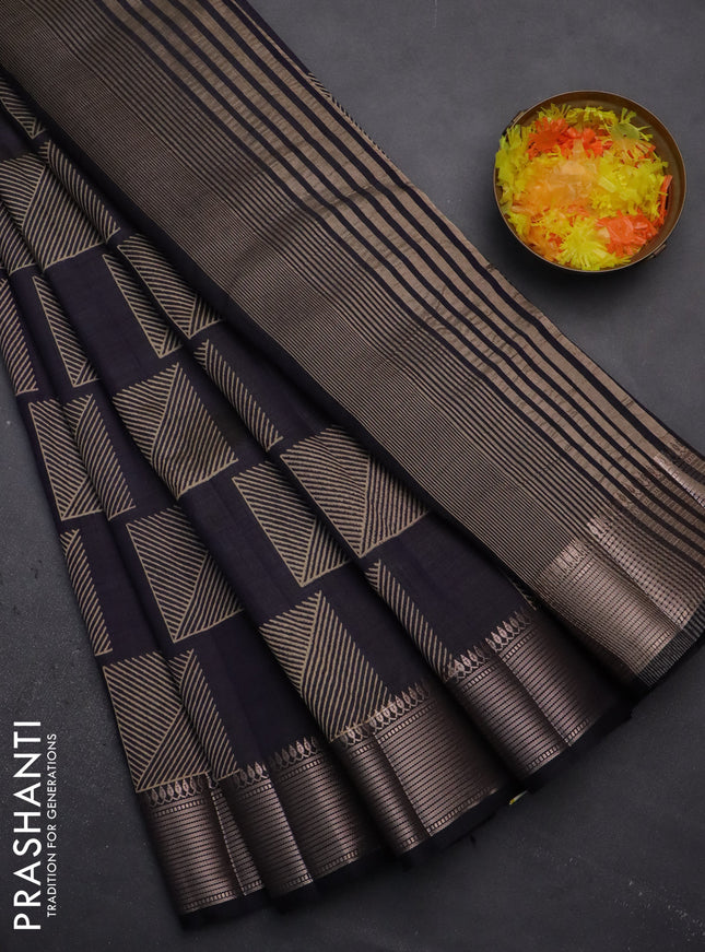 Semi raw silk saree dark navy blue with geometric butta prints and zari woven border