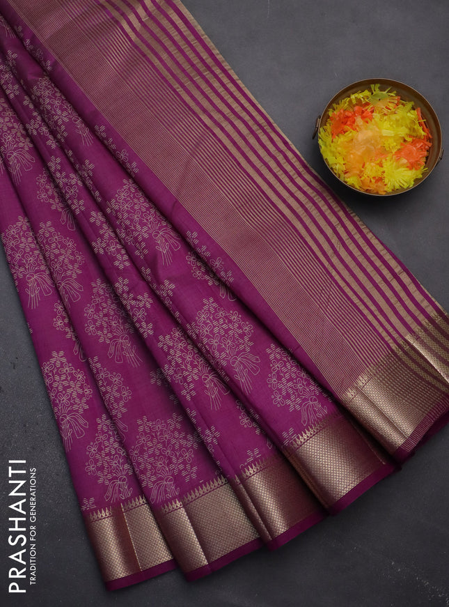 Semi raw silk saree purple with butta prints and zari woven border
