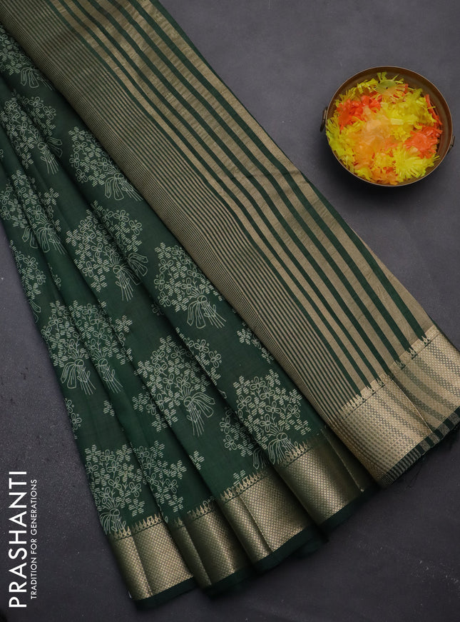 Semi raw silk saree green with butta prints and zari woven border