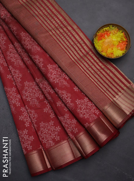 Semi raw silk saree maroon with butta prints and zari woven border