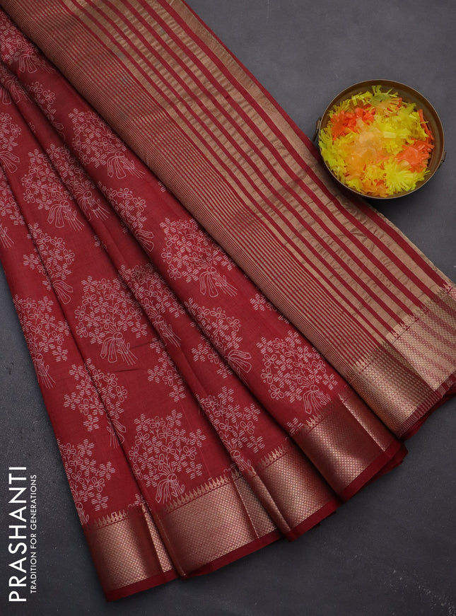 Semi raw silk saree maroon with butta prints and zari woven border