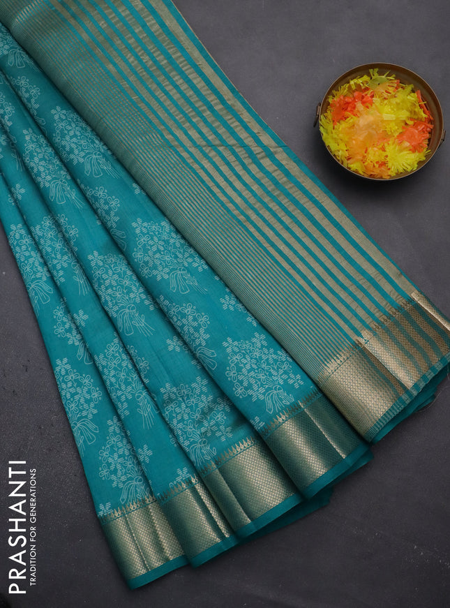 Semi raw silk saree teal blue with butta prints and zari woven border