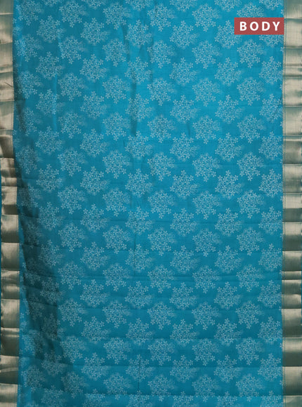 Semi raw silk saree teal blue with butta prints and zari woven border
