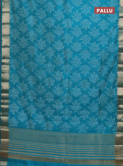 Semi raw silk saree teal blue with butta prints and zari woven border