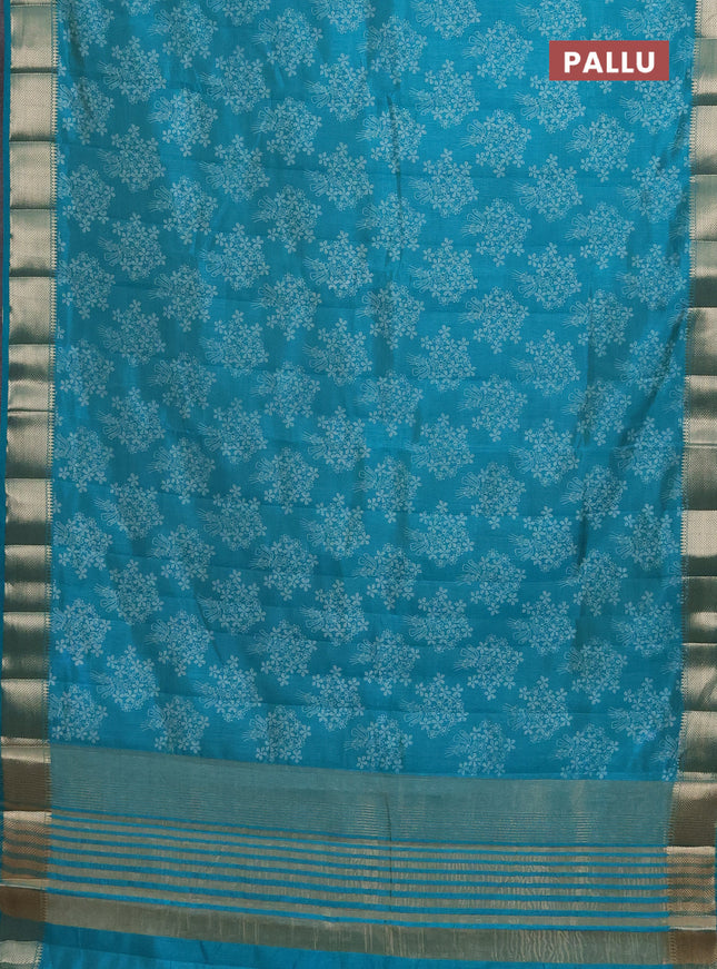 Semi raw silk saree teal blue with butta prints and zari woven border