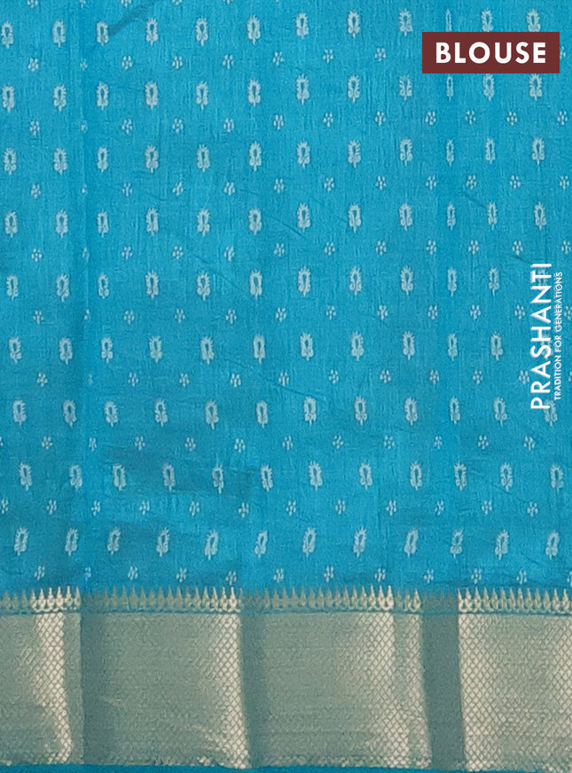 Semi raw silk saree teal blue with butta prints and zari woven border