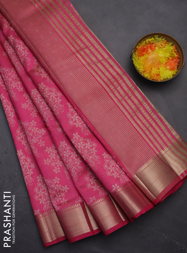 Semi raw silk saree pink with butta prints and zari woven border