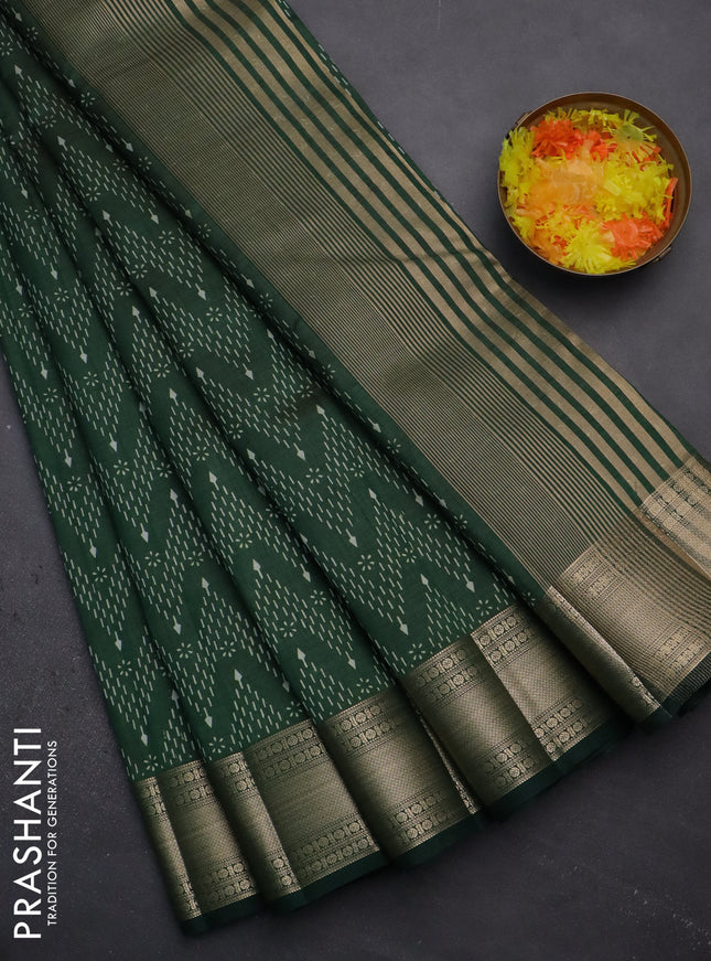 Semi raw silk saree green with allover prints and zari woven border